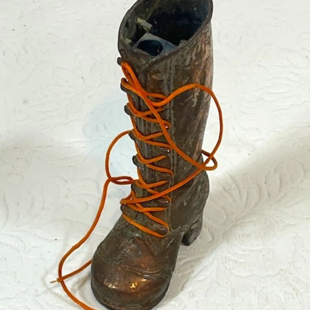 VTG Diecast Metal Bronze Knee High Laced Fashion Boot Pencil Sharpener 4" Tall